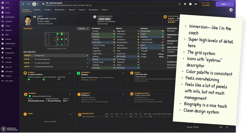 Management screen for a soccer/football game